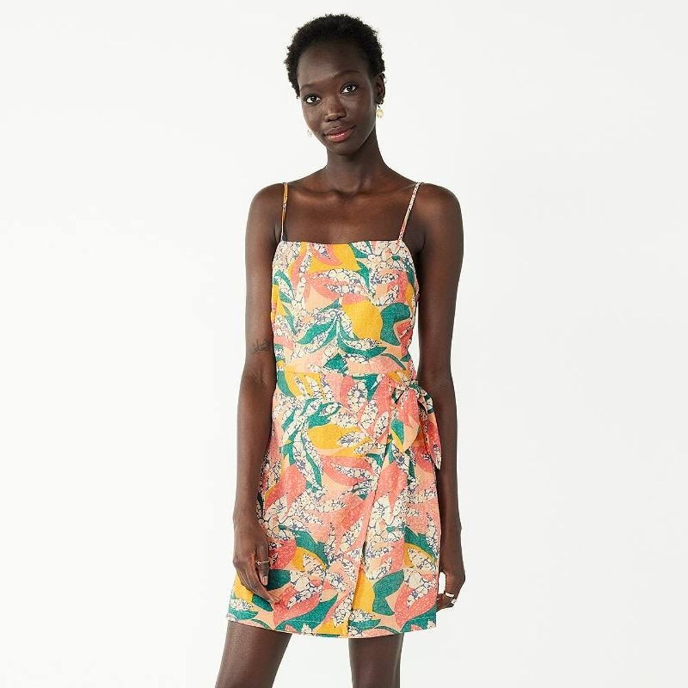 Nine West Side Faux Wrap Mini Dress XL Crackle Leaves Coral